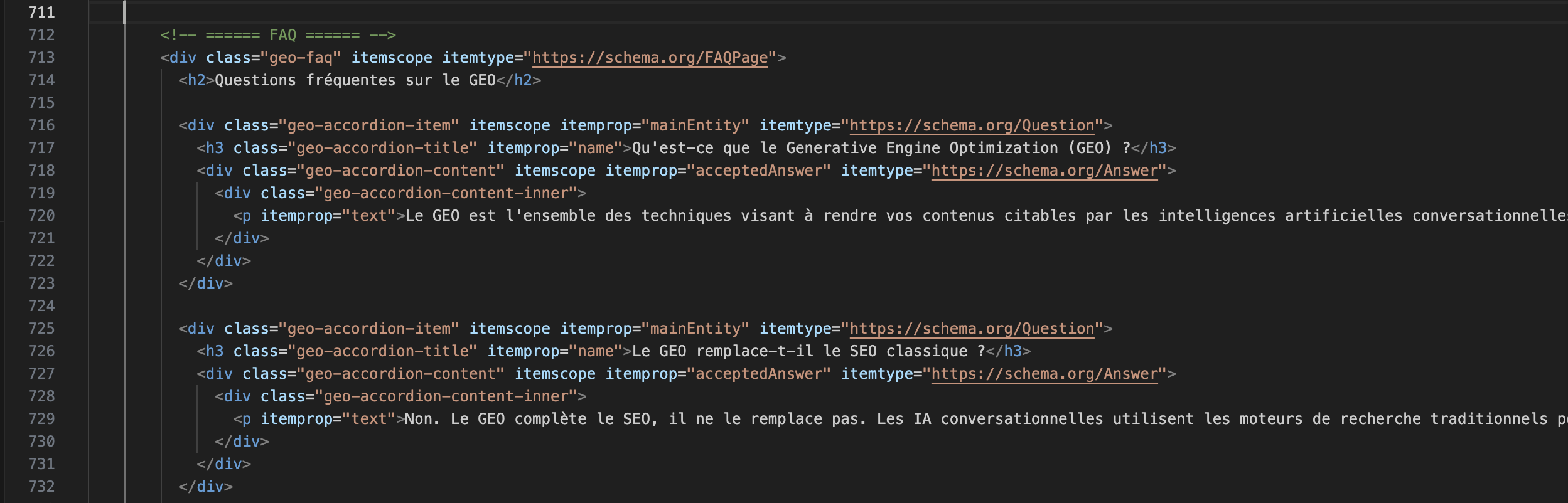 Exemple de structure HTML optimisée GEO — hiérarchie Hn, Schema.org, FAQ et résumé answer-ready