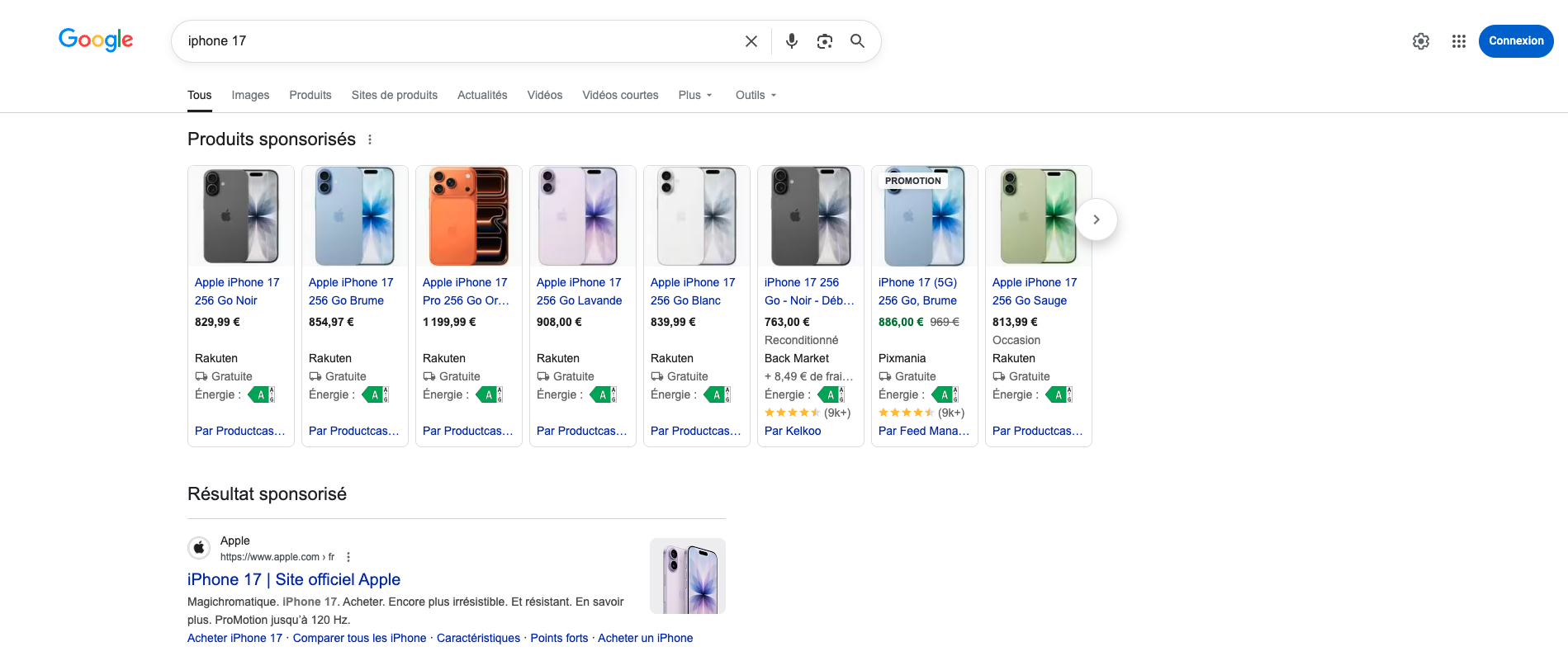 Exemple de résultats Google Shopping avec fiches produits visuelles : prix, photo et vendeur