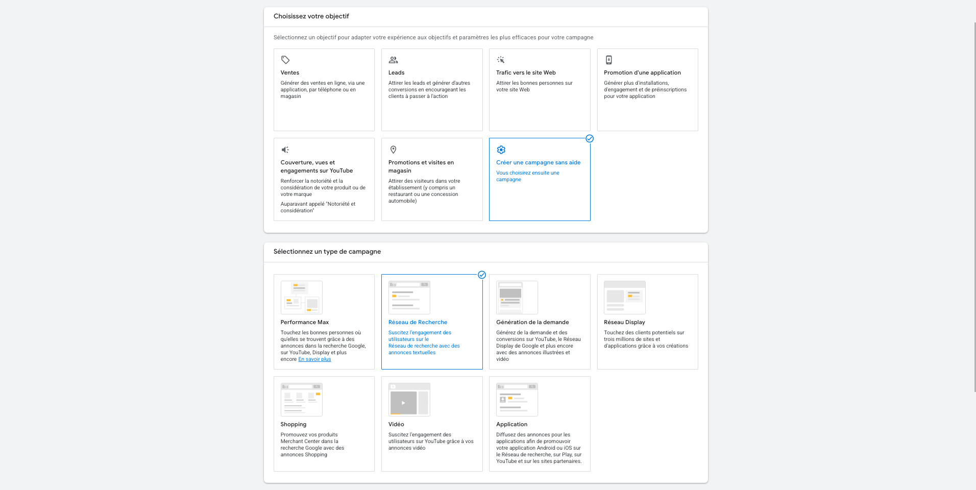 Capture d'écran : interface Google Ads — sélection du type de campagne Search mis en évidence