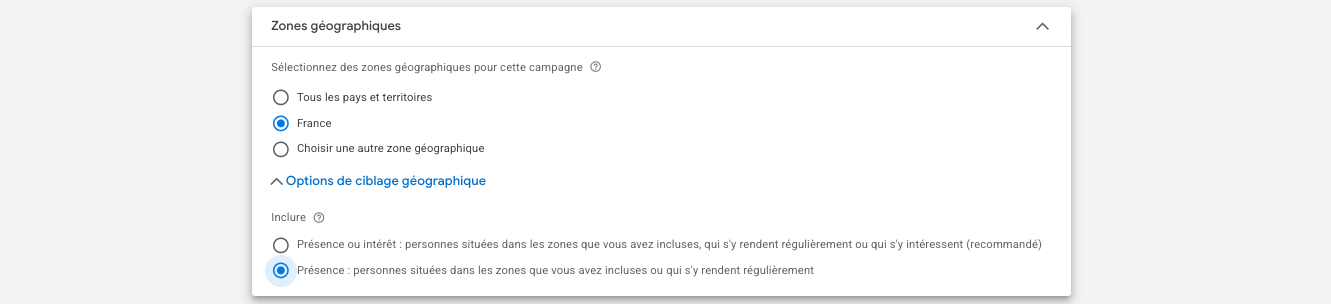Capture d'écran : paramètre de ciblage géographique dans Google Ads avec l'option Présence sélectionnée