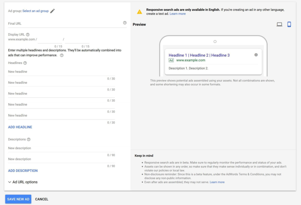 Capture d'écran : éditeur d'annonces RSA dans Google Ads avec titres, descriptions et aperçu de l'annonce
