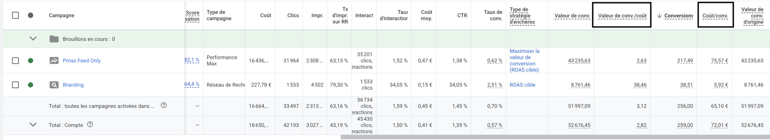 Interface Google Ads montrant les colonnes conversions, CPA et ROAS sur une campagne réelle