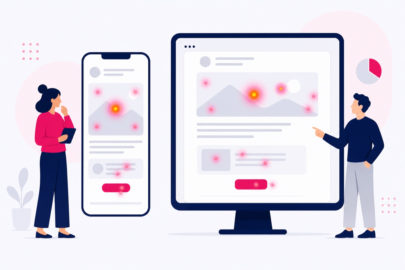 Illustration d'une newsletter sur smartphone et sur ordinateur avec des points de clics concentrés sur l'image plutôt que sur le bouton