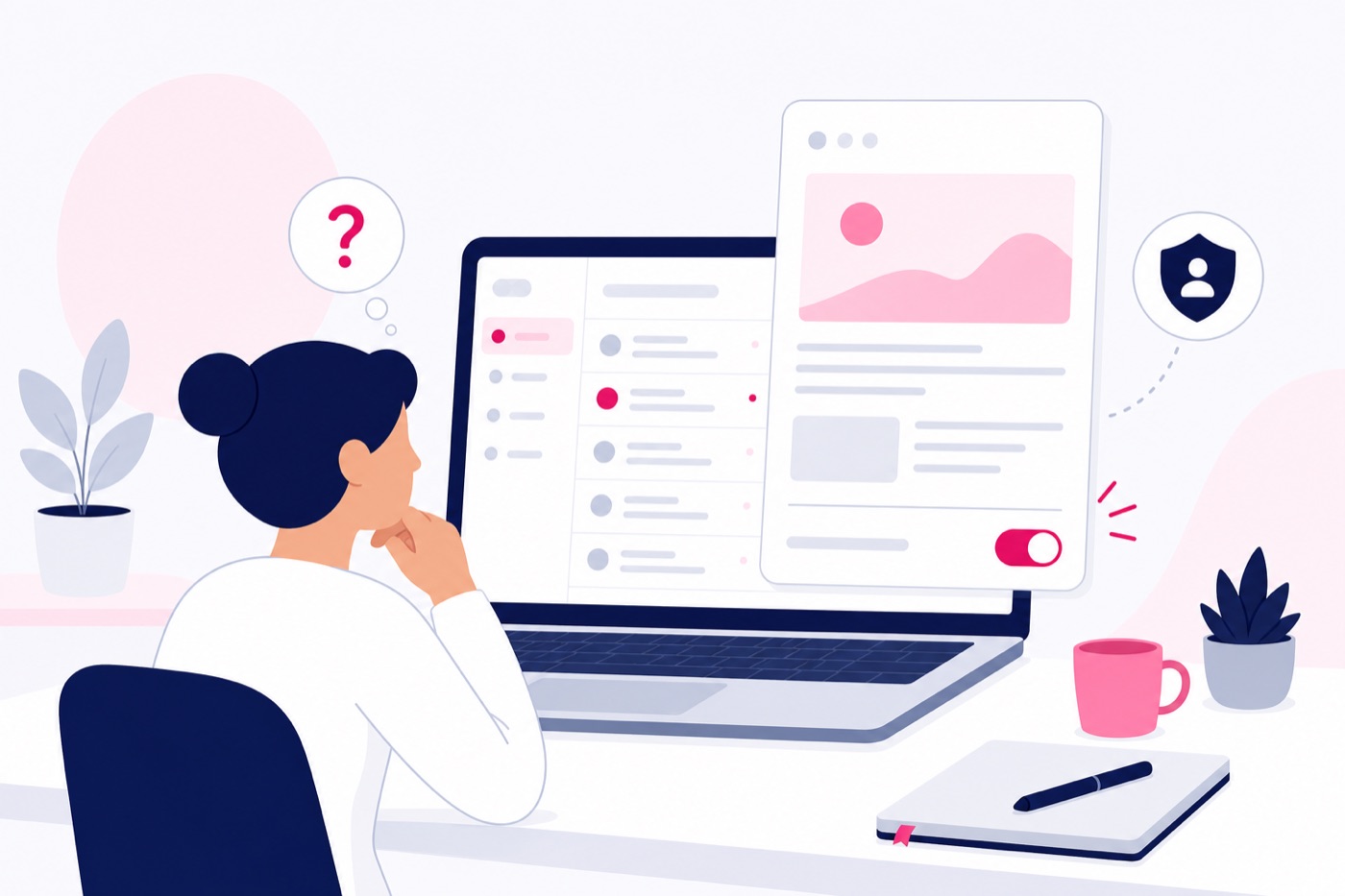 Illustration d'une personne perplexe devant sa boîte mail, une newsletter ouverte avec un interrupteur de désabonnement en bas