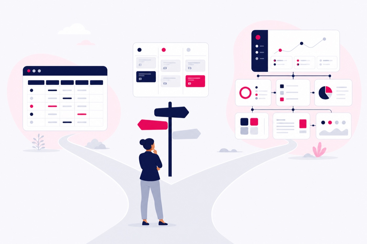 Illustration d'une dirigeante à un carrefour entre un tableur, un pipeline simple et une plateforme complète